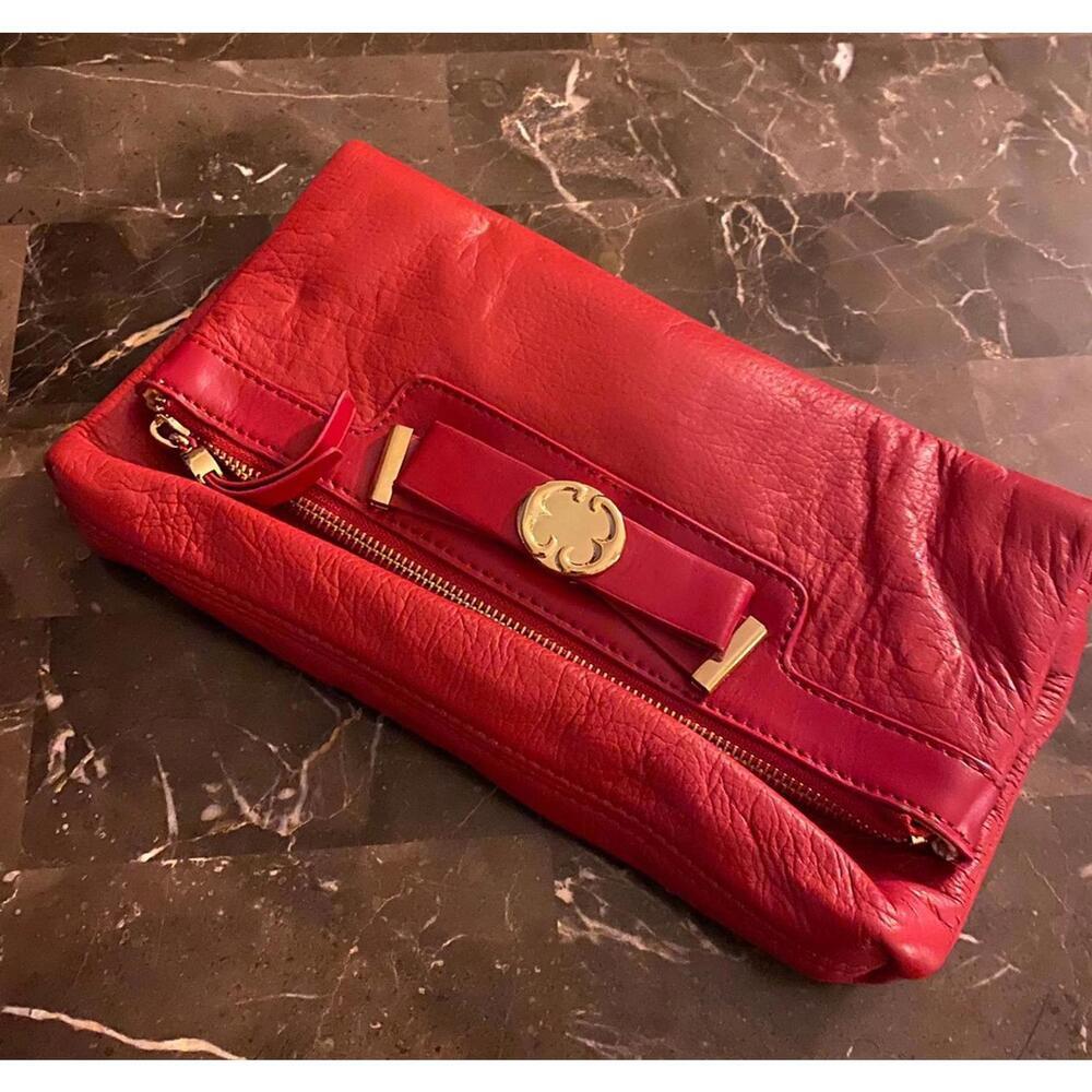 Emma Fox Red Pebbled Leather Foldover Clutch Bow Floral Lining